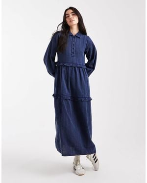 Native Youth Textured Stripe Washed Ruffle Midaxi Dress - Blue