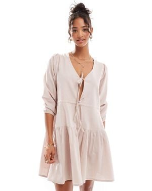 esmé studios Esmee Linen Mix Long Sleeve Tiered Mini Tie Front Beach Dress - Multicolor