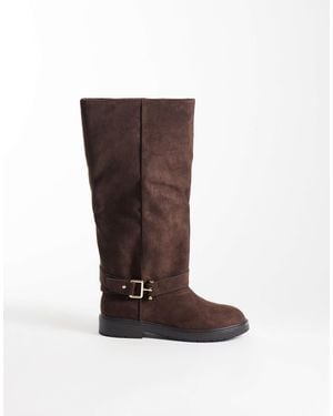 SEQWL Mickey Faux Suede Buckle Knee Boots - Brown