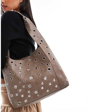 Glamorous Borsa Shopping Da Spalla Slavato Con Borchie - Marrone
