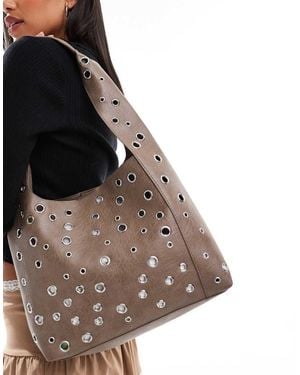 Glamorous Studded Shoulder Tote Bag - Brown
