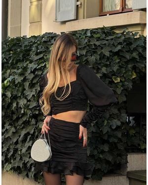 Glamorous Contrast Bow Gathered Bodice Crop Top - Black
