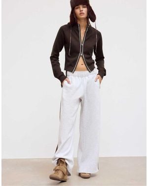 Stradivarius Plush Light Grey joggers With Side Stripe - White