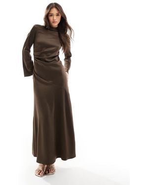 Closet Long Sleeve Satin Drape Maxi Dress - Brown