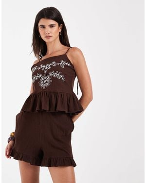 Object Crinkle Cotton Frill Hem Shorts Co-ord - Brown