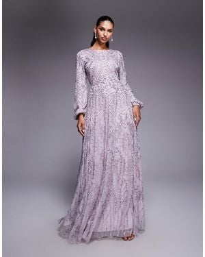Beauut Fully Embellished Sequin Bead Mix Balloon Sleeve Maxi Dress - Purple