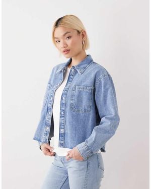 Noisy May Boxy Denim Shirt With Raw Hem - Blue