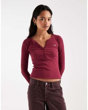 Hollister Long Sleeve Button Up Henley Top - Red