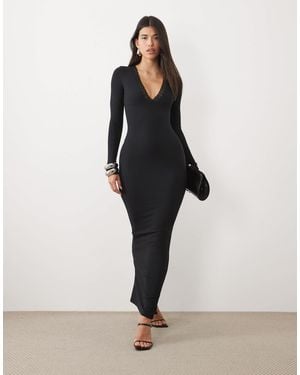 Oh Polly Ribbed Modal Lace Trim Plunge Neck Maxi Dress - Natural