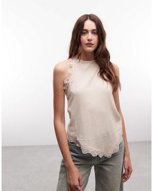 River Island Lace Trim Halterneck Textured Top - Natural