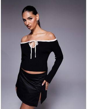 ASOS Pull en maille à bordures contrastantes avec encolure bardot et épaules dénudées - Gris