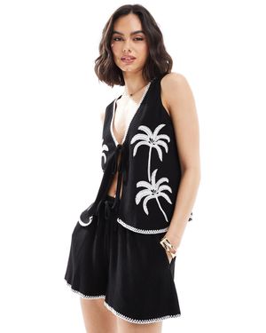 4th & Reckless Tie Front Palm Embroidered Linen Blend Waistcoat Co-ord - Black