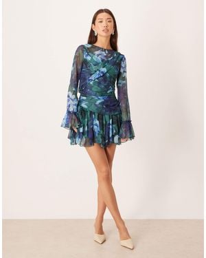 ASOS Long Sleeved Drape Frill Mini Dress - Blue