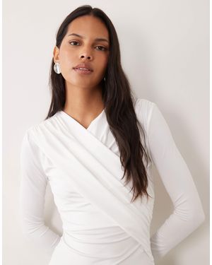 4th & Reckless Slinky Wrap Ruched Detail Long Sleeve Top - White