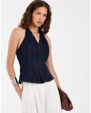 Pieces Halterneck Button Front Denim Top - Blue