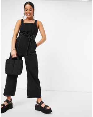 TOPSHOP Square Neck Cotton Denim Jumpsuit - Black