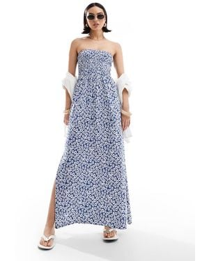 Threadbare Vestido Midi Con Estampado Floral, Escote Palabra De Honor Y Pecho Fruncido De - Azul