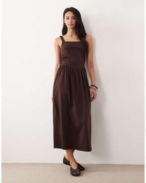 ASOS Square Neck Ruched Bodice Midi Dress - Brown