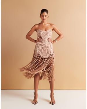 ASOS Embellished Bandeau Mini Dress With Fringing Hem - Natural