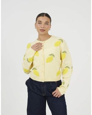 Brave Soul Soft Touch Lemon Jacquard Knit Cardigan - Yellow