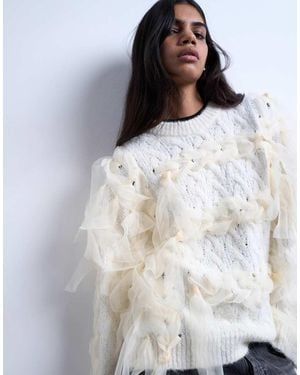 TOPSHOP Knitted Plaid Ribbon Jumper - White