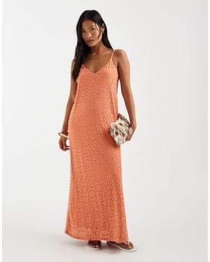 Vero Moda Jersey Floral Broderie Cami Midi Dress - Orange