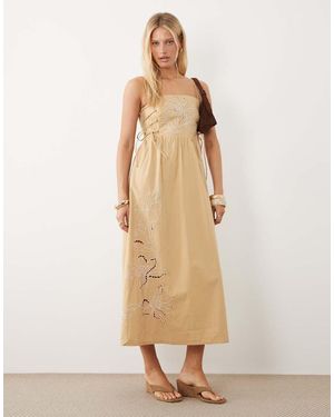 River Island Tie Side Floral Embroidered Midi Dress - Natural