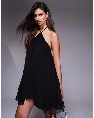 Fashionkilla Mesh Overlay Halterneck Tiered Babydoll Mini Dress - Blue