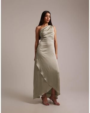 TFNC London Bridesmaid Satin One Shoulder Wrap Skirt Maxi Dress - White