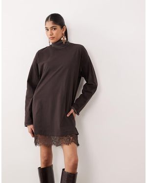ASOS Long Sleeved T-shirt Dress With Lace Trim - Brown