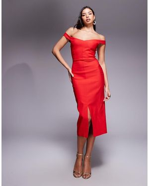 Vesper Bengaline Bardot Sweetheart Neckline Split Front Midi Dress - Red