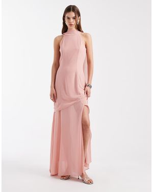 TFNC London Bridesmaid Chiffon Halter Neck Scarf Detail Maxi Dress With Sheer Skirt - Pink