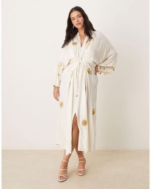 Hope & Ivy Plus Embellished Tie Waist Kimono Wrap Midi Dress - Natural