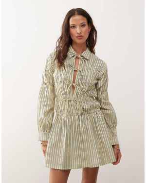 Collusion Shirred Tie Detail Shirt Dress - Natural