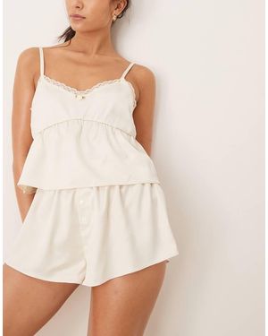The Frolic Exclusive Cropped Satin Cami Lace Trim Pyjama Top Co-ord - Natural