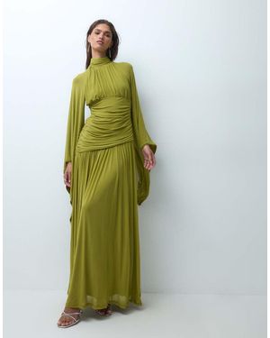 ASOS Mesh High Neck Modesty Maxi Dress With Waterfall Sleeve Detail - Brown
