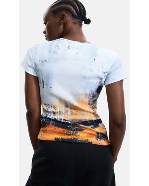 Desigual Camiseta Blanca Estampada 100% De Algodón - Azul