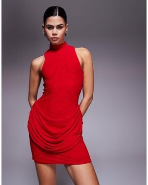 Wanderdoll Margot Sculpted High Neck Sleeveless Drape Detail Mini Dress - Red