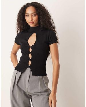 Mango High Neck Knitted Short Sleeve Top With Cut Out Detail - Grey