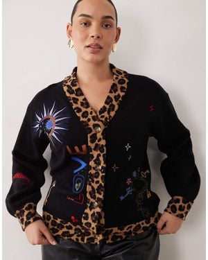 Never Fully Dressed Embroidered Knit V Neck Contrast Trim Cardigan - Black