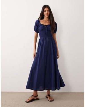 esmé studios Esmee Puff Sleeve Tie Front Maxi Beach Dress - Blue
