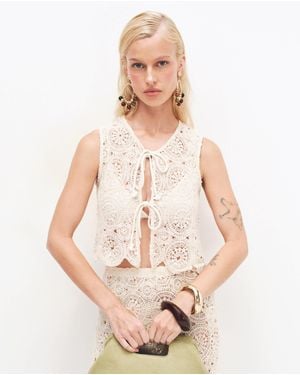 4th & Reckless Cotton Rich Crochet Floral Tie Front Cropped Beach Waistcoat - Natural