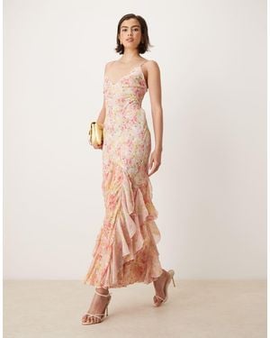 For Love & Lemons Elea Ruffle Maxi Dress With Lace Up Back - Pink