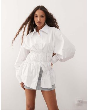 Lioness Chloe Cotton Wide Sleeve Cuffed Ruched Detail Oversized Shirt - White