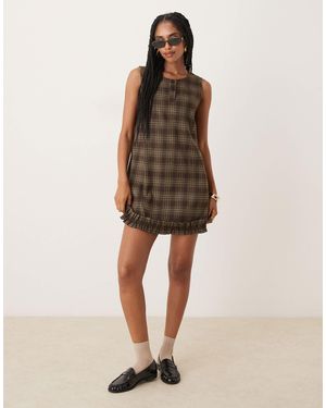 Neon Rose Plaid Print Mini Shift Dress - Natural