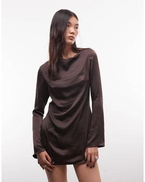 Monki Long Sleeve Drape Satin Mini Dress - Natural
