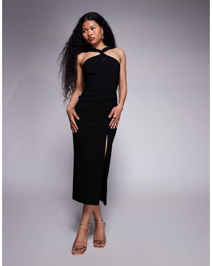 Vesper Petite Robe dos nu longueur mollet en bengaline avec fente latérale et détail torsadé à l'avant - Noir
