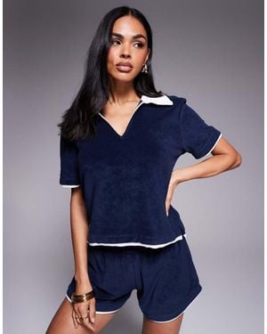 River Island Top Con Cuello Tipo Polo De Tejido Rizado De (Parte De Un Conjunto) - Azul