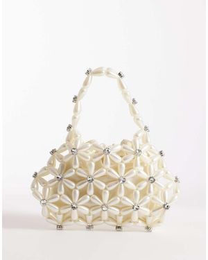 River Island Flower Pearl Beaded Grab Bag - Natural