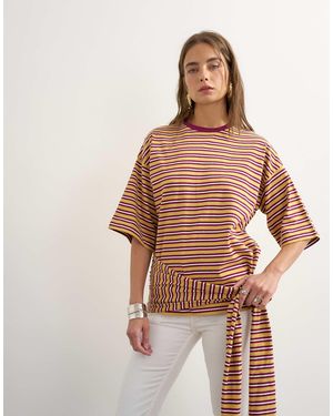 TOPSHOP Stripe Wrap Waist Tie Detail Top - Brown